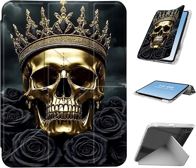 for iPad A16 (11th Generation) Case with Pencil Holder Foldable Y-Shaped Protective Cover Stylish Clear Multi-Angle Viewing &amp Auto Sleep/Wake Tablet Case Gothic Skull Crown