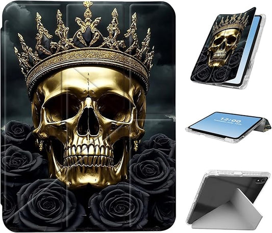 for iPad A16 (11th Generation) Case with Pencil Holder Foldable Y-Shaped Protective Cover Stylish Clear Multi-Angle Viewing &amp Auto Sleep/Wake Tablet Case Gothic Skull Crown