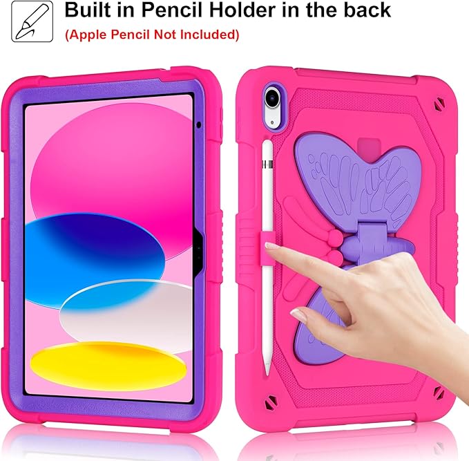 VOFUOE for iPad 10th Generation Case for Kids Girls 2022 10.9 for iPad A16 Case 11th Generation 2025 with Screen Protector Shoulder Strap Butterfly Wings Stand Pencil Holder Rugged Cover-Rose Red