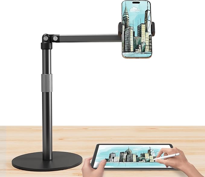 Phone Stand for Recording Overhead Desktop Phone Holder Mount with Flexible Extension Arm Adjustable Height for Video Painting Meeting Fliming