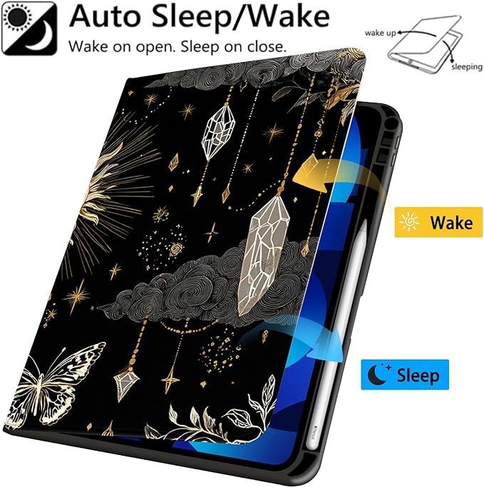 Cute Case for iPad Pro 11 Inch 2022/2021/2020/2018Dreamy Moon Stars Textured Folio Case with Pencil Holder Multi-Angle View Adjustable Stand Auto Wake/Sleep for Women