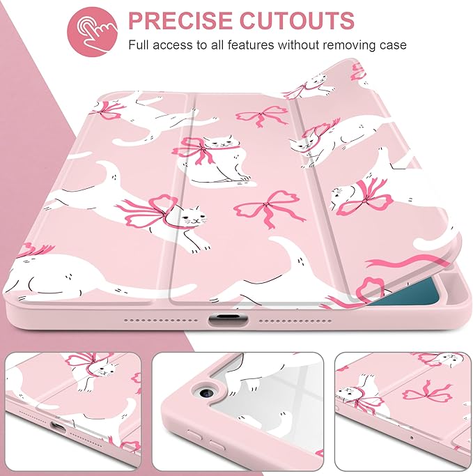 MEEgoodo Case for iPad 10.2 inchTablet Cases for iPad 9th Generation 2021/8th Gen 2020/7th Gen 2019 with Clear Acrylic Back Shell+Pencil Holder+Auto Wake/Sleep+Trifold StandCute White Cats &amp Bow