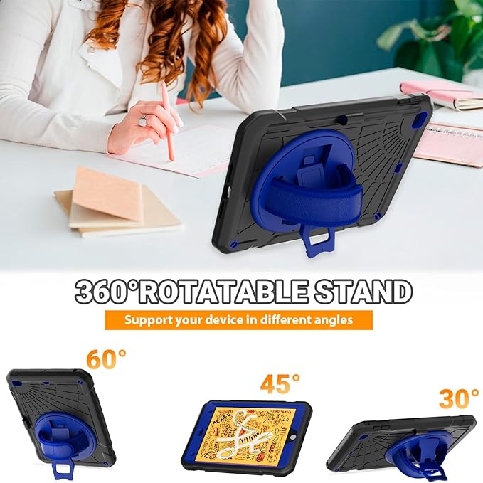Case for iPad mini 5/4 with Screen Protector Pencil Holder [360 Rotating Hand Strap] &amp Stand Drop-Proof Case for iPad mini 5th/4th Generation 7.9 inch(Black+Blue)