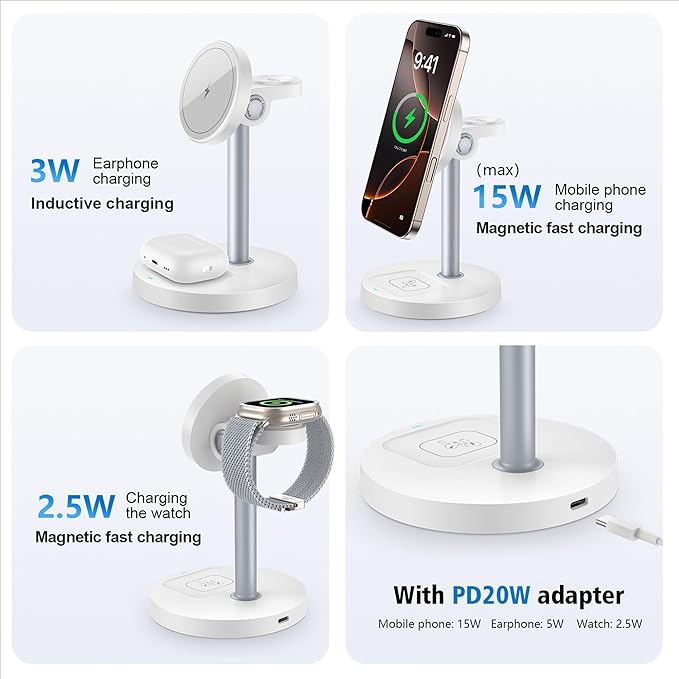 3 in 1 Wireless Charging Station for Multiple Devices 15W Fast Magnetic Wireless Charger Stand with Adjustable Angle Compatible with iPhone12-16 Series Apple Watch AirPods - Gifts for Men &ampWom