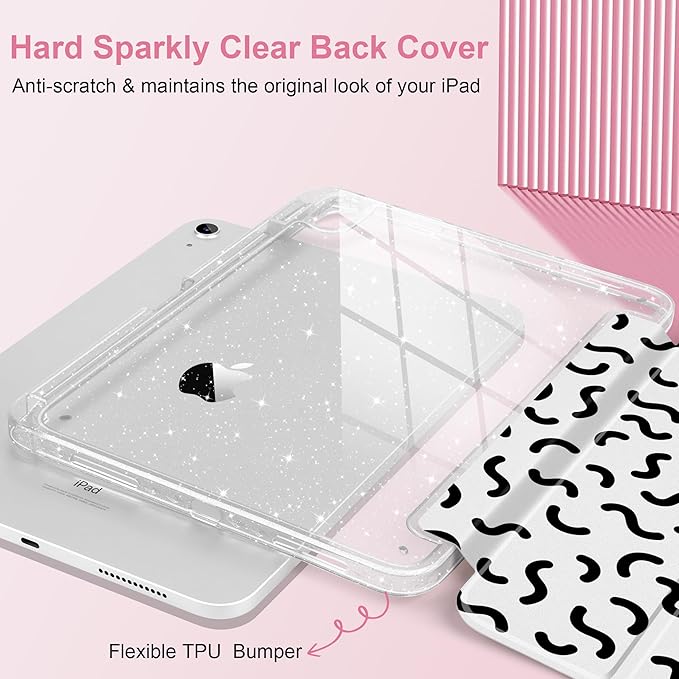 MEEgoodo Case for iPad A16 11th Generation 2025/10th Generation 2022 Glitter Tablet Cases with Transparent Acrylic Back+Trifold Stand +Pencil Holder+Auto Wake/SleepCartoon Line