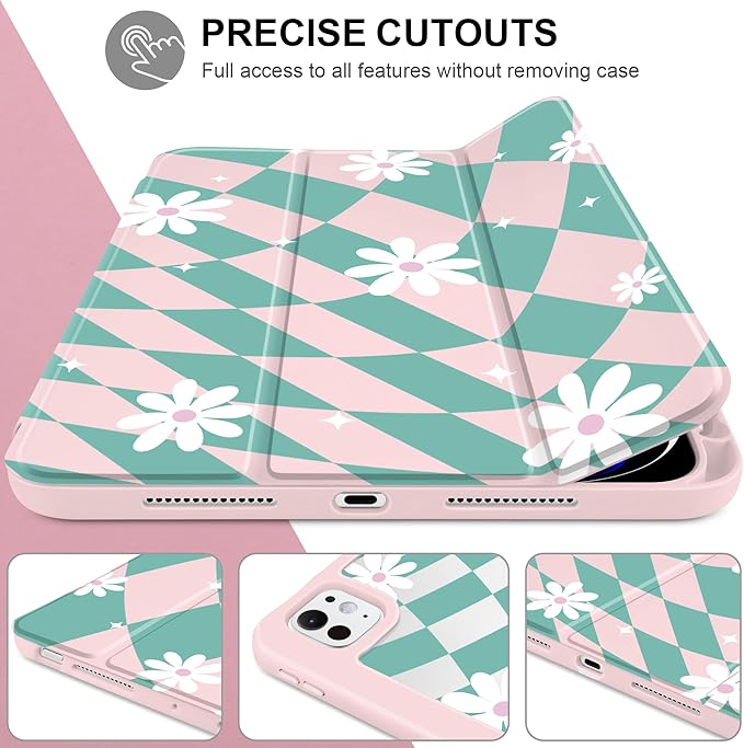 DONGKE for iPad Pro 11-Inch Case (M5 2025 / M4 2024) 6th/5th Generation [Auto Sleep/Wake &amp Pencil Pro Holder] Clear Acrylic Back Smart Trifold Stand Cover Checkered &amp Daisy