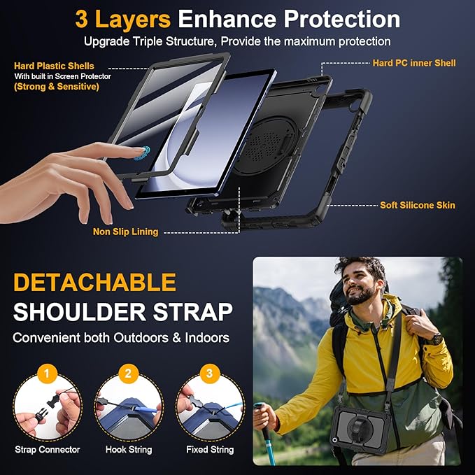 Case for Samsung Galaxy Tab A9+/A9 Plus 11 Inch 2023(SM-X210/X216/X218) Ubearkk Full-Body Drop Protection Case with Screen Protector 360° Rotating Stand and Hand/Shoulder Strap Black