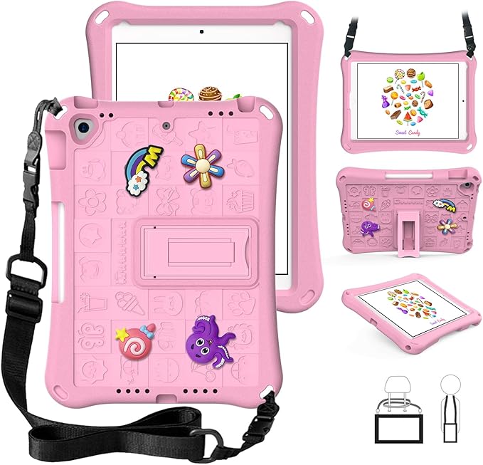 Case for iPad 10.2 Inch 2021/2020/2019/ iPad Pro 10.5 Inch/Air 3rd Gen (2019) Shoulder Strap Kickstand Children Friendly Anti-Scratch Shockproof Case Pink