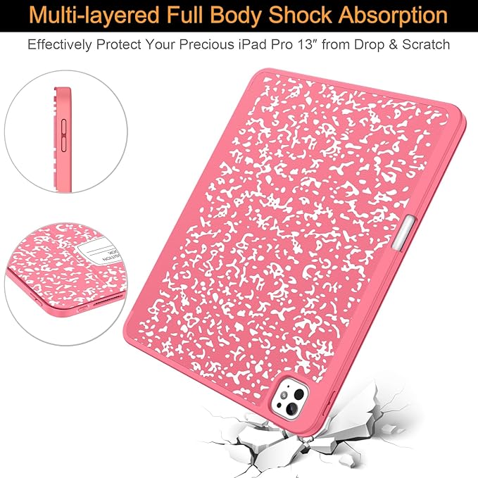Soke Case for New iPad Pro 13 Inch (M5/M4 2025/2024 Release) with Pencil Holder Trifold Stand Shockproof [Support Apple Pencil Charging + Auto Wake/Sleep] Soft TPU Back Cover Book Watermelon