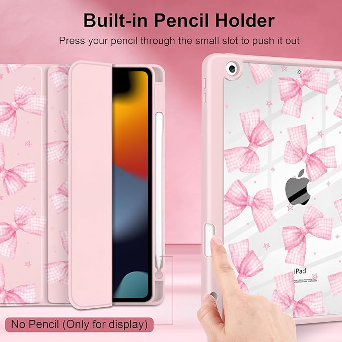 DONGKE for iPad 9th/8th/7th Generation Case 10.2 Inch (2021/2020/2019) [Auto Sleep/Wake &amp Pencil Holder] Clear Acrylic Back Trifold Stand Cover Gingham Bows