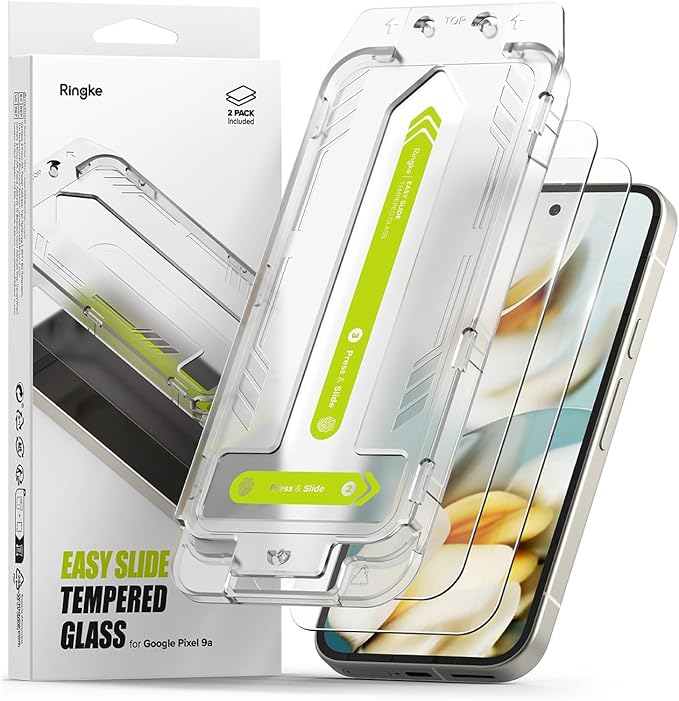 Ringke Easy Slide [Super Easy to Install] Compatible with Google Pixel 9a Screen Protector Case Friendly 9H Hardness Tempered Glass with Simple installation Tool - 2 Pack