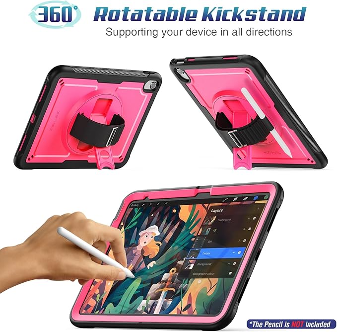SEYMAC stock Case for iPad A16 11-inch Case 2025/ for iPad 11th/ 10th Generation 10.9'' 2022 Protective with Screen Protector Pen Holder Rotate Stand Loop Nylon Hand Strap Shoulder Strap Rose
