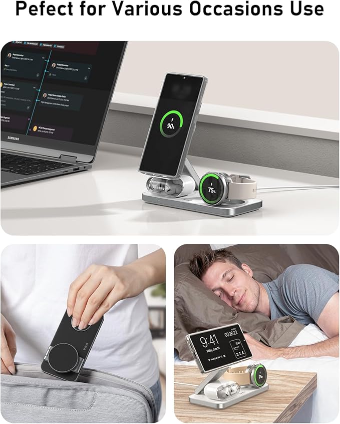 3 in 1 Foldable Magnetic Wireless Charging Station for Samsung Wireless Charger Stand for Galaxy S26 Ultra S25/S24 /Note 20/Flip 7/Fold 7 for Galaxy Watch Ultra/8/7/6Galaxy Buds 3/3 Pro
