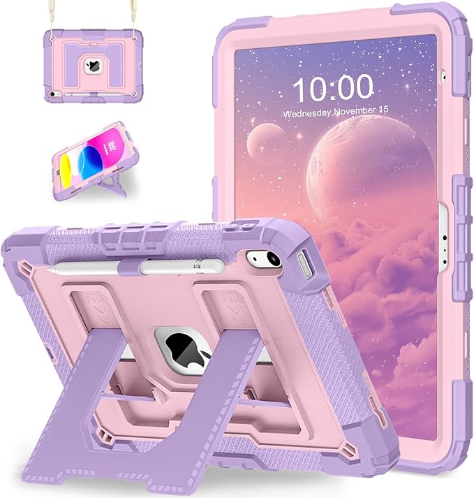 WESOROL Case for iPad A16 11th/10th Generation 2025/2022 with Pencil Holder Shoulder Strap iPad Case 10th Generation Shockproof Cover for iPad 11th/10th Gen CasesPurple Rose