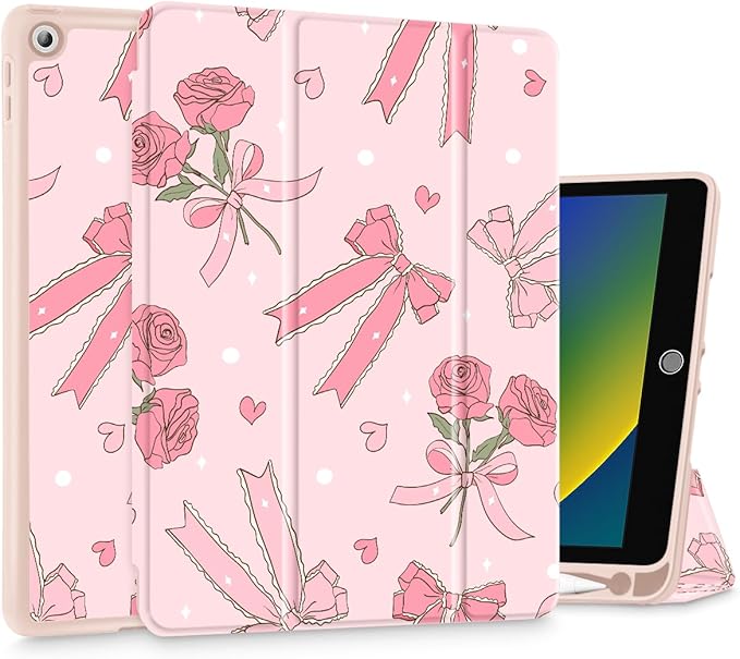 Tuiklol Case for iPad 10.2 Inch 2021 2020 2018 Release 9th / 8th / 7th Generation Built-in Pencil Holder TPU Protective Stand Back Cover Trifold Stand-Auto Wake/Sleep Bow &amp Rose