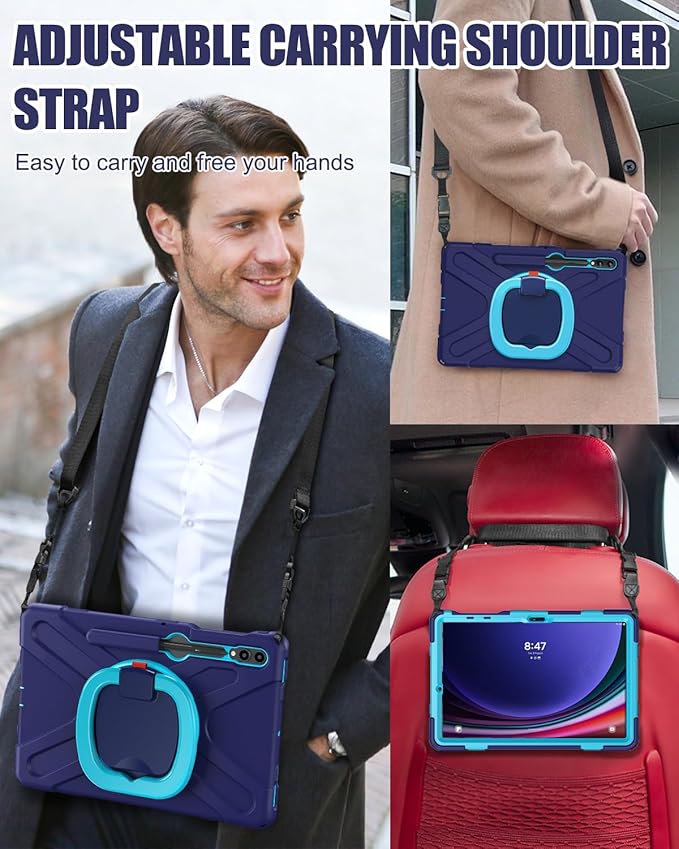BRAECN Case for 12.4” Samsung Galaxy Tab S10+/ S9 FE+/ S9+/ S8+/ S7 FE/S7+ Plus Rugged Silicone Cover w/S Pen Holder Screen Protector Handle Grip/Kickstand Shoulder Strap Navy Blue