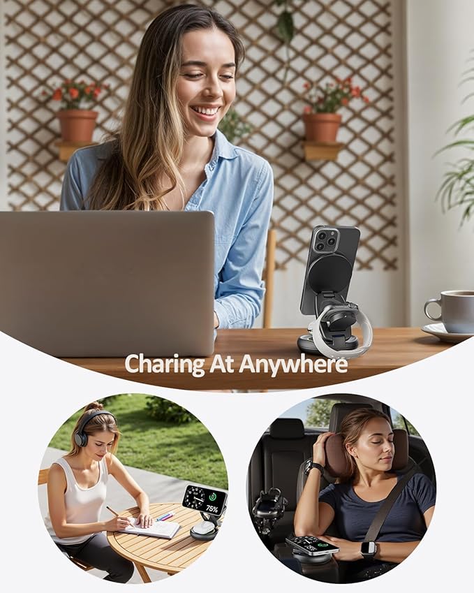 Wireless Cell Phone Charger Station 3 in 1 Magnetic Wireless Fast Charger Dock Stand for iPhone 16/15/14/13/12 Apple Watch and AirPods Pro 15W USB-C iPhone Wireless Charger Gray（20W Adapter）