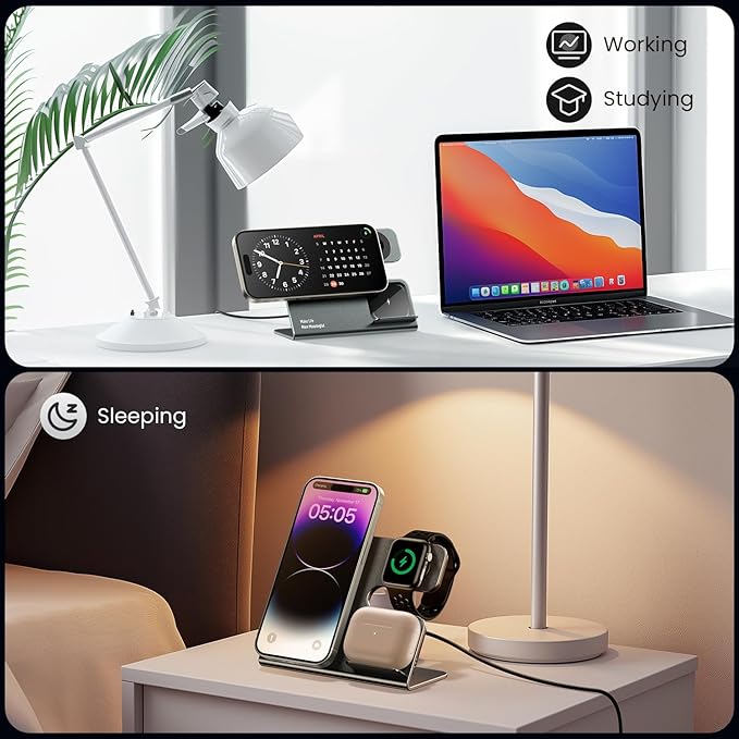 3 in 1 Aluminum Alloy Magnetic Wireless Charging Station Compatible with iPhone 16/15/14/13/12 Series ESSAGER 15W Wireless Charger Office Bedroom Table for Airpods 4/3/2/Pro iWatch with 20W Adapter