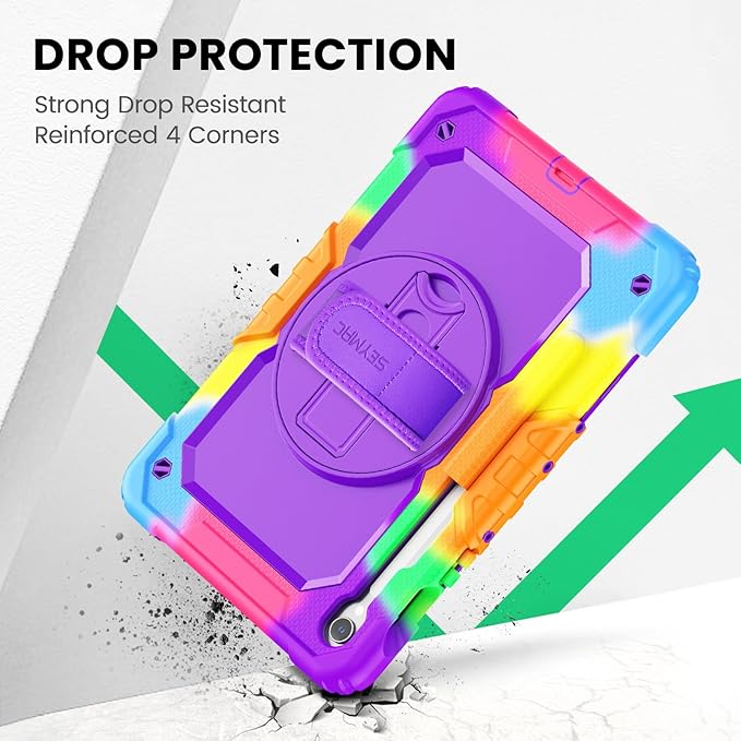 SEYMAC Case for Samsung Galaxy Tab S10 Lite/ S10 FE/ S9 FE/ S9 5G (10.9''/11'') Heavy Duty Shockproof Protective Case with Screen Protector Rotating Stand Hand Strap and Pen Holder Purple
