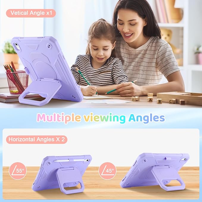 Case for iPad (A16) 2025 11th Gen 10.9'' iPad 10th Generation 2022 10.9'' with Tempered Glass Screen Protector Rugged Kid Case with Shoulder Strap/Pencil Holder/Folding Stand (Light Purple)