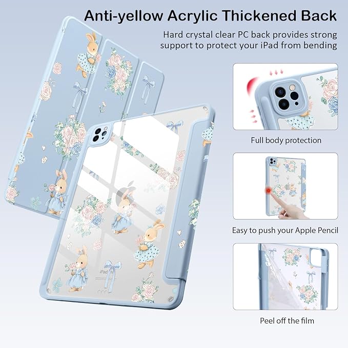 Cute Kawaii Bunny Flower Bow for iPad Air 11 Inch Case 7th/6th Generation (M3/M2) 2025/2024 with Pencil Holder Auto Sleep/Wake Blue Leather Clear Acrylic Back Cover