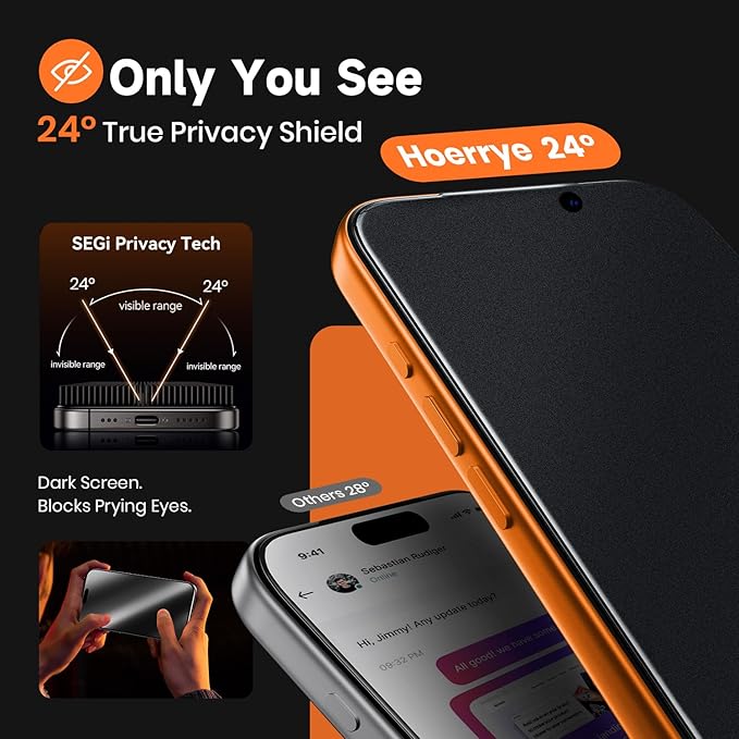 Hoerrye Matte Privacy Screen Protector for iPhone 17 Pro Max - [Anti-Glare &amp Anti-Fingerprint] [24° Anti Spy] [Smooth as Silk] 9H+ Tempered Glass With Auto Fit Box Zero Bubble2 Pack