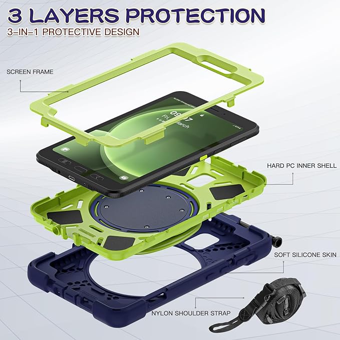 Rugged Case for Samsung Galaxy Tab Active5 5G (SM-X306B/X300) w/ 360° Rotating Hanging Ring Handle Grip Kickstand Heavy Duty Shock-Proof Armor Cover w/Shoulder Strap Stylus Holder(Navy+Lime)