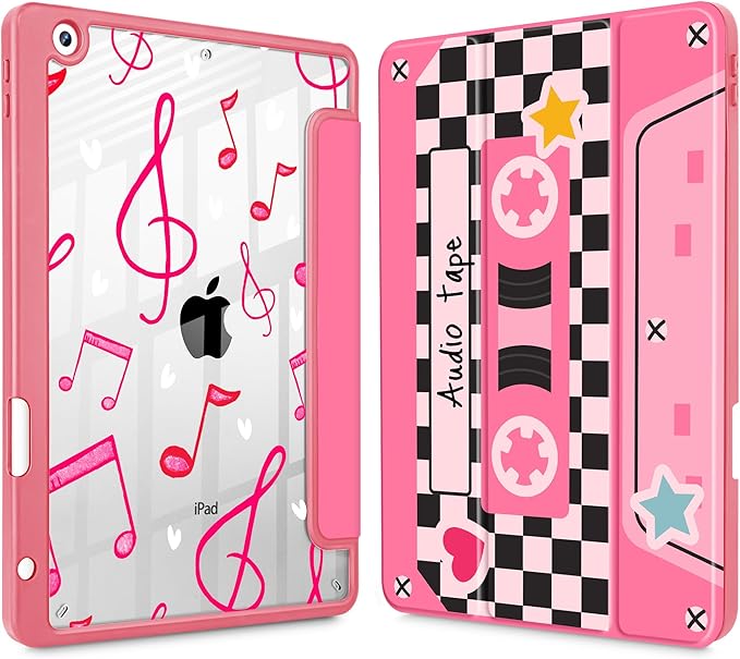 for iPad 9th Generation with Pencil Holder iPad 8th/7th Gen Case 10.2-inch [Built in Pencil Holder] Trifold Stand Auto Wake/Sleep Clear TPU Protection Back Cover Cassette Tape