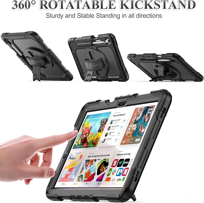 SEYMAC stock Case for Samsung Galaxy Tab S11 Tablet Case 11'' Protective with Screen Protector Pencil Holder 360 Degree Rotate Kickstand Hand Strap Shoulder Strap Black
