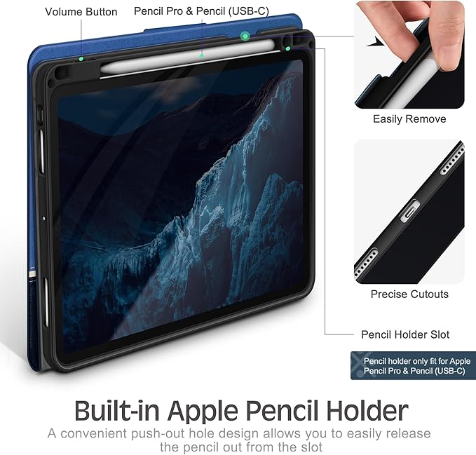 KingBlanc Case for iPad Pro 13 inch (M5 2025/M4 2024) with Pencil Holder Vegan Leather Stand Cover Auto Sleep/Wake Support Pencil Pro/(USB-C) Viewing/Writing Angles Vintage Notebook Style Blue