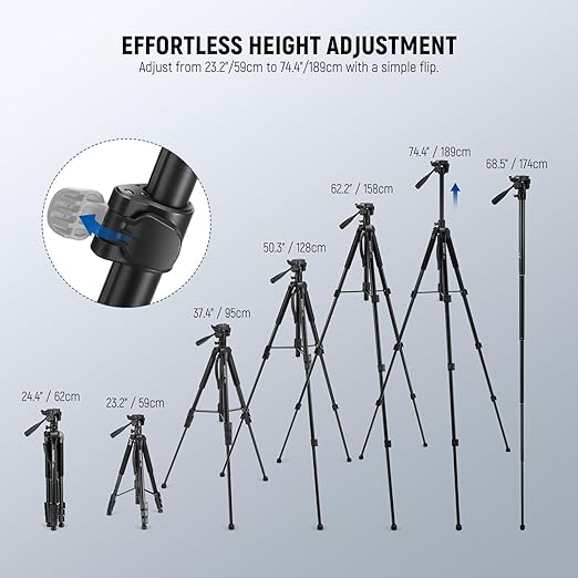 NEEWER Basic 74 Video Tripod Monopod 3 Way Pan Tilt Head Remote Overhead Camera Mount Horizontal Central Axis Phone Holder Compatible with iPhone DSLR Telescope Projector Max Load 17.6lb TP05