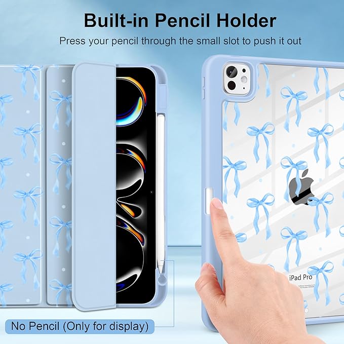 MecBevia Case for iPad Pro 11 inch M5 2025 / M4 2024 (6th/5th Gen) A3357 A3358 A3359 A2836 A2837 A3006 – Built-in Pencil Holder &amp Auto Wake/Sleep Blue Ribbon Coquette
