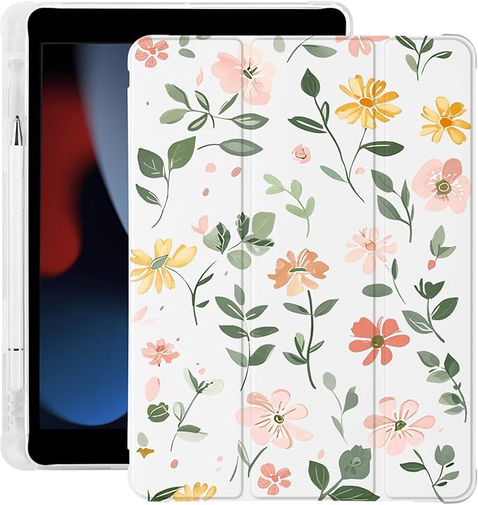Cute Floral Leaves for iPad Air 11 Inch Case 7th/6th Generation (M3/M2) 2025 2024 with Pencil Holder Auto Sleep/Wake Leather Soft TPU Back Cover