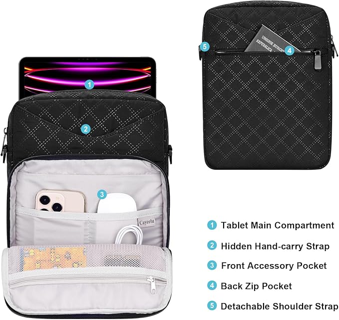 9-11 Inch Tablet Sleeve Bag Padded Carrying Travel Case for iPad Pro 11-in (M4) iPad 10.9 (10th Gen) iPad Air 11-in (M2) Galaxy Tab S9/S8 with Shoulder Strap (Classic Black)