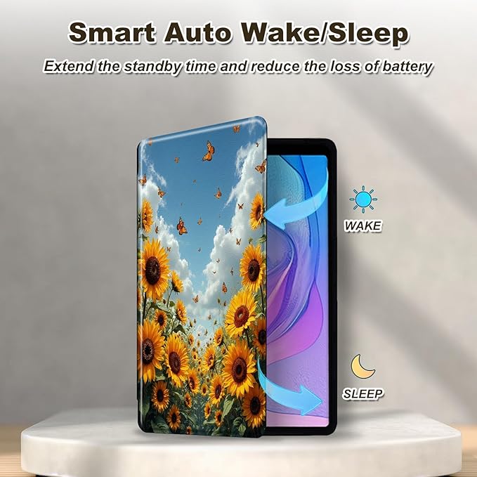 Case for Kindle Fire HD 8 &amp 8 Plus Tablet(12th/10th Gen 2024/2022/2020) 360 Degree Rotating Swivel Stand Flip Cover with Auto Sleep/Wake Sunflower Field
