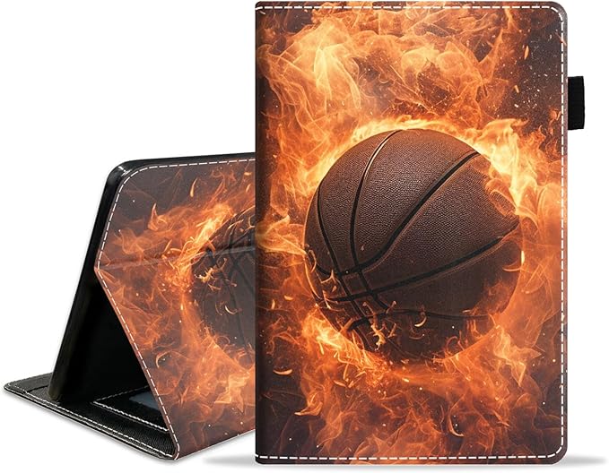 Case for Amazon Fire HD 10/HD 10 Plus Tablet 10.1 (13th/11th Generation 2023/2021 Release) Slim PU Leather Cover with Card Slot &amp Auto Wake/Sleep Burning Basketball