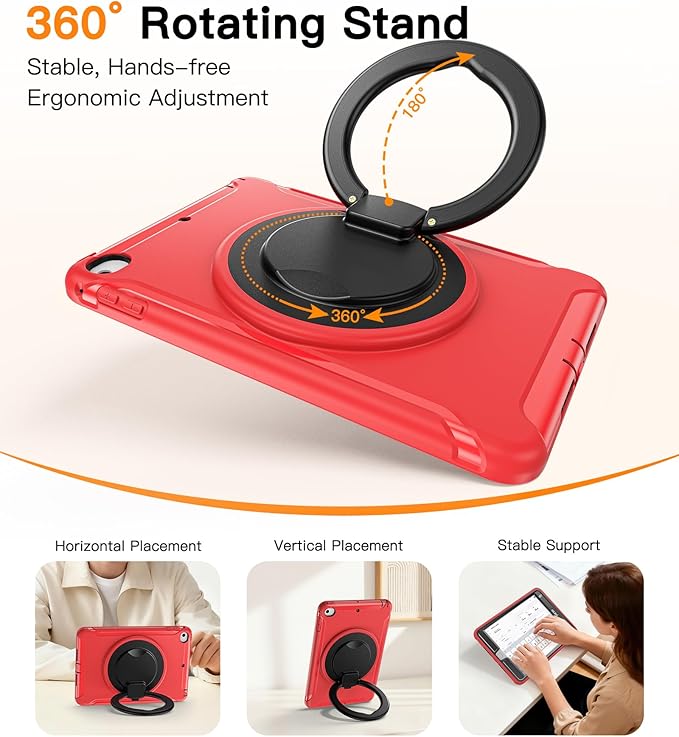 BATYUE Shockproof Case for iPad mini 4/5 (2015/2019) - 360° Multi-Angle Stand (Portrait &amp Landscape) &amp Grip Pencil Holder (Elastic Loop) Multi-Scene for All Ages Red