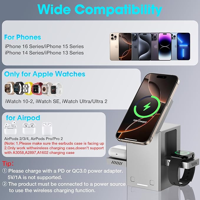 25W 3 in 1 Charging Station for Apple DevicesAuto Open/Close Mag-Safe Wireless Charging Stand CubeTravel Wireless Charger Dock for iPhone 16/15/14Series &amp Apple Watch &amp AirPods (Metal Gray)