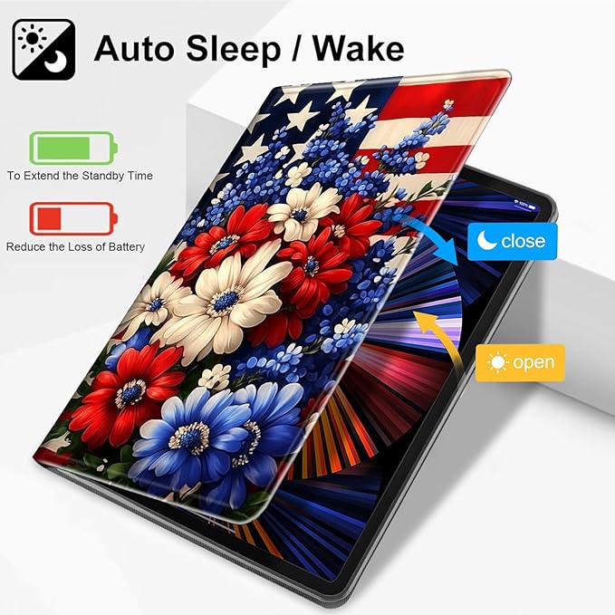 ffor iPad Pro 12.9 Case 6th/5th/4th Generation 2022/2021/2020-Slim PU Leather Stand Smart Cover with Auto Wake/SleepRed White and Blue Flower Flags