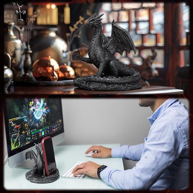 Gothic Dragon Cell Phone Holder Resin Gothic Standing Guardian Dragon Cell Phone Stand with Outstretched Arm for Medieval Decoration Desk Accessories Office 5.78 x 4.25 x 6 Inch