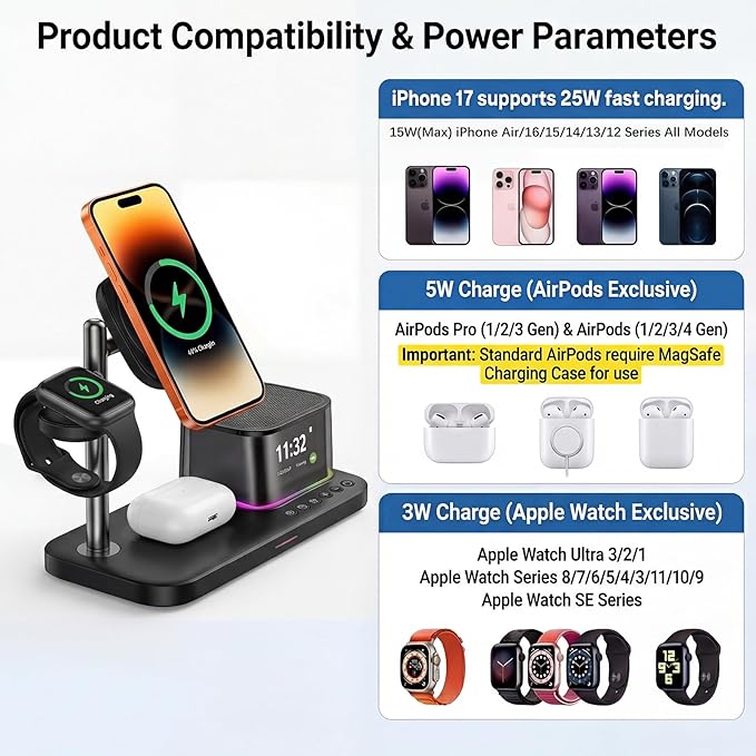45W 5 in 1 Wireless Charging Station with Alarm Clock and Bluetooth Speaker &amp Night Light Qi2.2 25W Fast Charger for MagSafe for iPhone 17/S26 Ultra Charger Stand for iWatch &amp Galaxy Watch