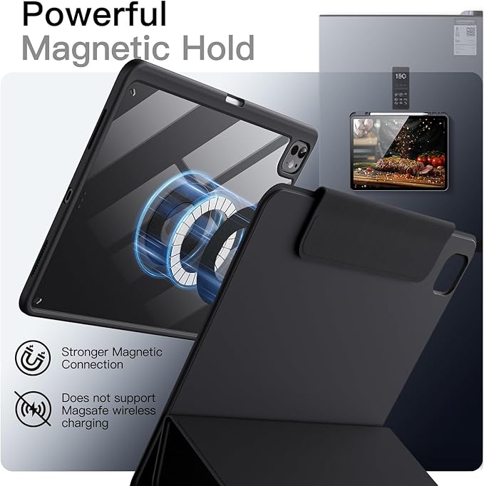 JETech Magnetic Detachable Case for iPad Pro 13-Inch M5/M4 (2025/2024) with Pencil Holder Removable Rotating Clear Cover Portrait/Landscape Stand with Raised Screen View (Black)
