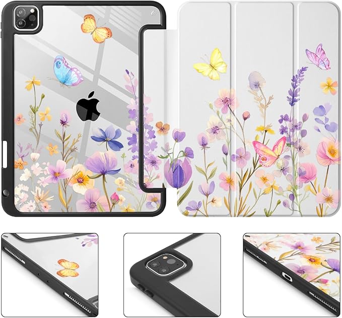 Tuiklol for iPad Pro 11 Inch Case M2 2022 Generation 4th -Built-in Pencil Holder Shockproof Cover Clear Transparent Back Shell Fit for iPad 11’’ 2021 2020 2018 Gen 3rd/2nd/1st for Kid Purple Flower