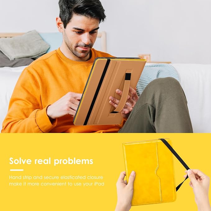 VIKESI Case for iPad Pro 13 (M4) 2024 Leather Stand Cover with Apple Pencil Holder Auto Wake/Sleep Multiple Viewing Angles Built in Hand Strap &amp Pocket Yellow