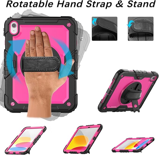 Weuiean Case for iPad A16 11th/10th Generation 11/10.9 Military-Grade Heavy-Duty Shockproof Cover with 360° Rotating Stand Built-in Pencil Holder &amp Adjustable Hand/Shoulder Strap - Pink+Black