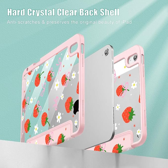 May Chen for iPad (A16) 11th Generation Case 11 Inch 2025 iPad 10th Gen Case 2022 10.9 inch Built-in Pencil Holder with Shockproof Cover Clear Back Shell Auto Wake/Sleep Strawberries &amp Bows
