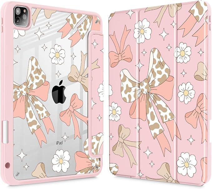Tuiklol Case for iPad Pro 12.9 Inch M2 Case 2022 2021 2020 2018 Generation 6th/5th/4th/3rdBuilt-in Pencil Holder Clear Transparent Protective Back Shell Cover Leopard Bow Gary