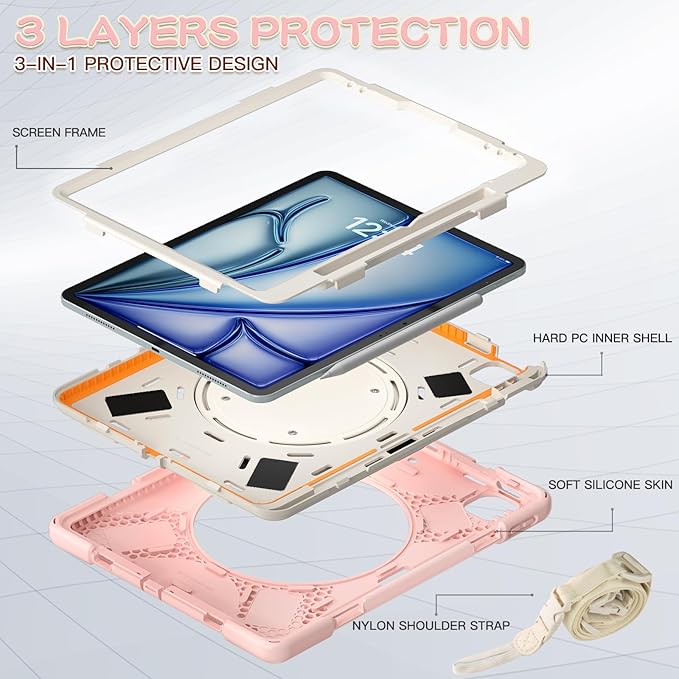 Batianda Case for iPad Air 13 inch 2025 M3 2024 M2 Chip Heavy Duty Rugged Durability Silicone Tablet Cover with 360° Rotating Ring Foldable Kickstand &amp Shoulder Strap Pink