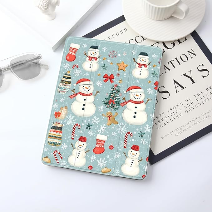 JOYLAND White Pad Case for iPad 5th/6th Generationwith Pencil Holder-Auto Wake/SleepChristmas Snowman&ampSnowflakes Pattern Anti-Scratch Shockproof Premium Folio Stand Case