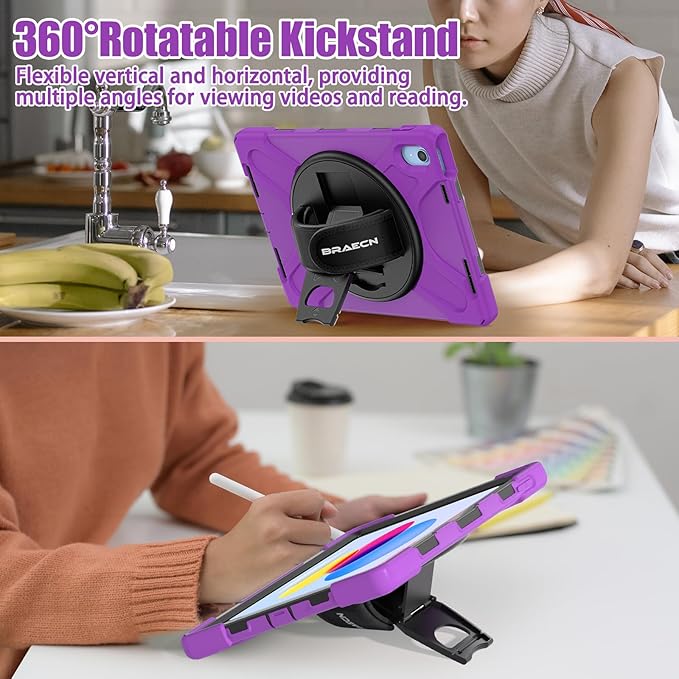 BRAECNstock for Apple iPad (A16) 11th/10th Generation 11/10.9'' 2025/2022 Shockproof Protective Case with Screen Protector Pencil Holder 360° Rotating Hand Strap&ampStand Shoulder Strap Purple